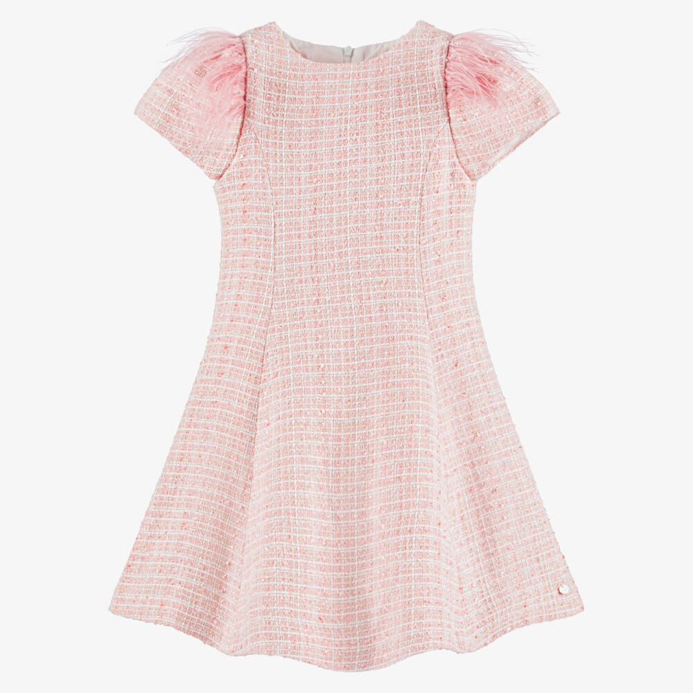 Piccola Speranza-Girls Pink Shimmery Tweed Dress with Feathers | Childrensalon Outlet