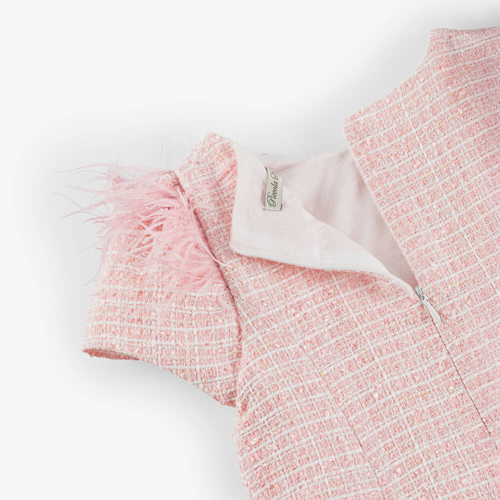 Piccola Speranza-Girls Pink Shimmery Tweed Dress with Feathers | Childrensalon Outlet