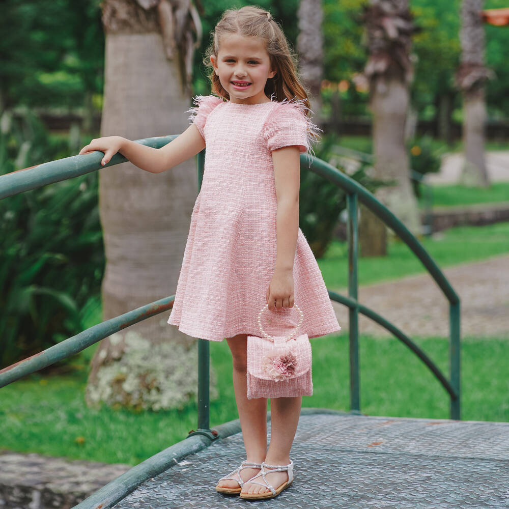 Piccola Speranza-Girls Pink Shimmery Tweed Dress with Feathers | Childrensalon Outlet