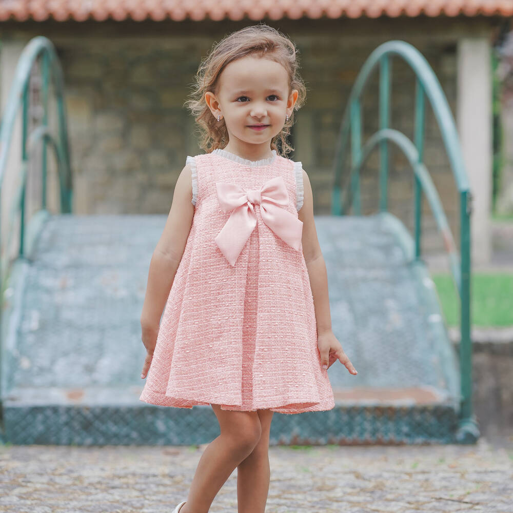 Piccola Speranza-Girls Pink Sparkly Tweed Dress with Satin Bow | Childrensalon Outlet