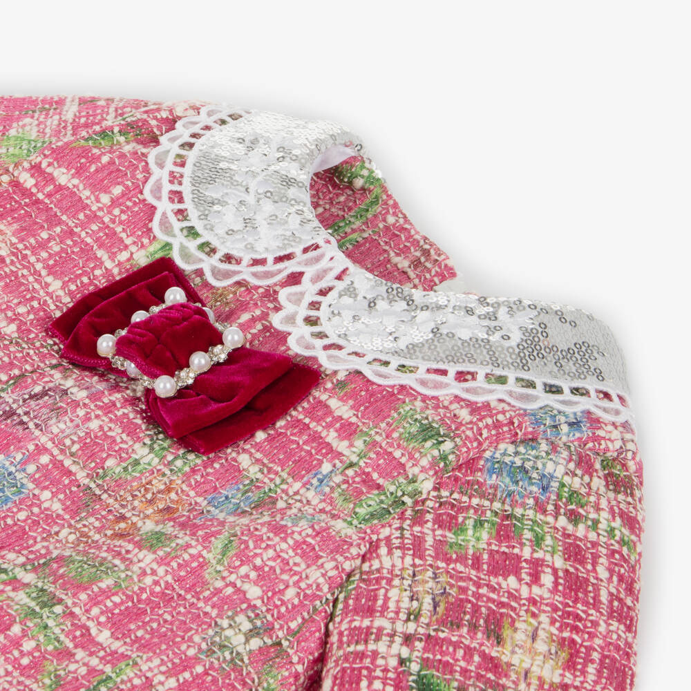 Piccola Speranza-فستان تويد مع ياقة مزينة بترتر لون زهري | Childrensalon Outlet