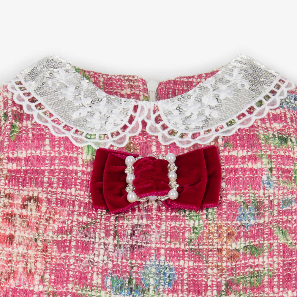 Piccola Speranza-فستان تويد مع ياقة مزينة بترتر لون زهري | Childrensalon Outlet