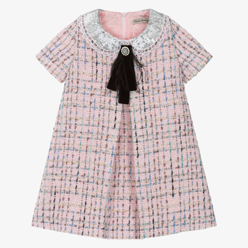 Piccola Speranza-Girls Pink Tweed Dress with Velvet Bow | Childrensalon Outlet