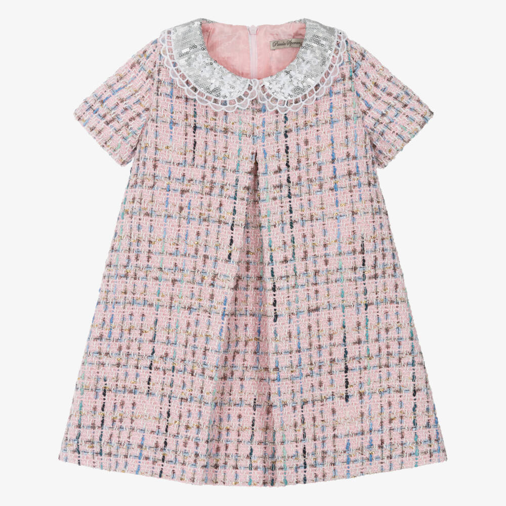 Piccola Speranza-Girls Pink Tweed Dress with Velvet Bow | Childrensalon Outlet