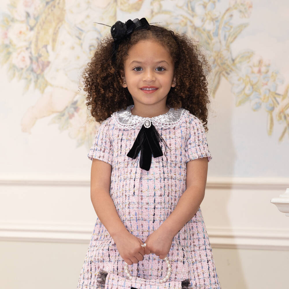 Piccola Speranza-Girls Pink Tweed Dress with Velvet Bow Brooch & Sequin Collar | Childrensalon Outlet