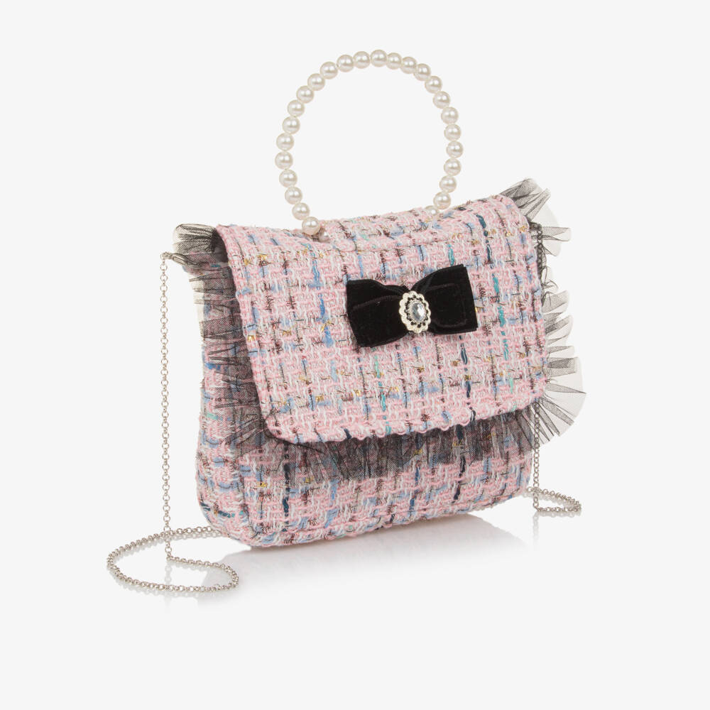 Piccola Speranza-Girls Pink Tweed & Tulle Trim Handbag (19cm) | Childrensalon Outlet