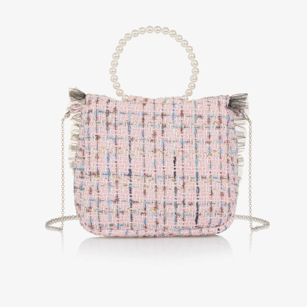 Piccola Speranza-Girls Pink Tweed & Tulle Trim Handbag (19cm) | Childrensalon Outlet