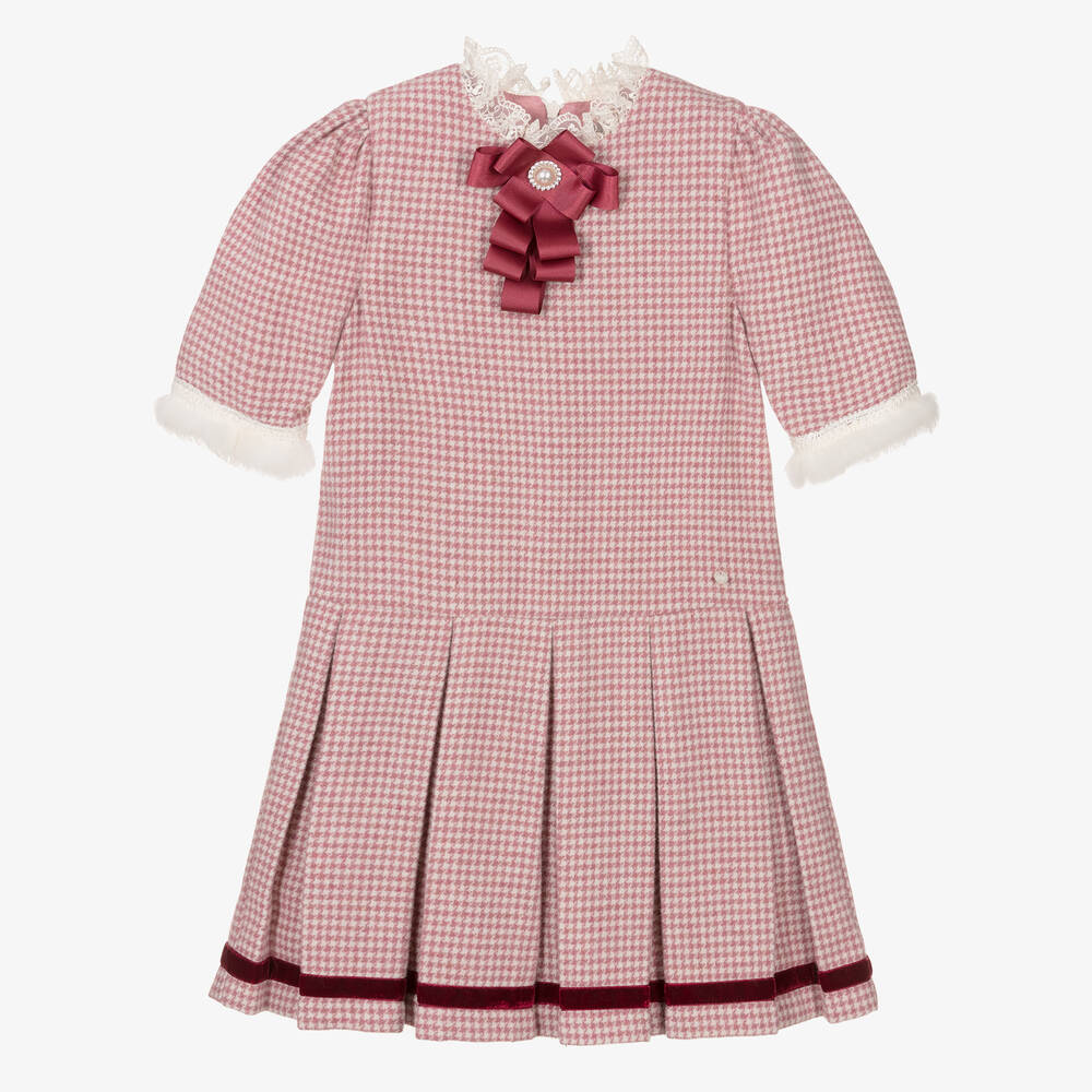 Piccola Speranza - Girls Pink Wool Houndstooth Dress | Childrensalon
