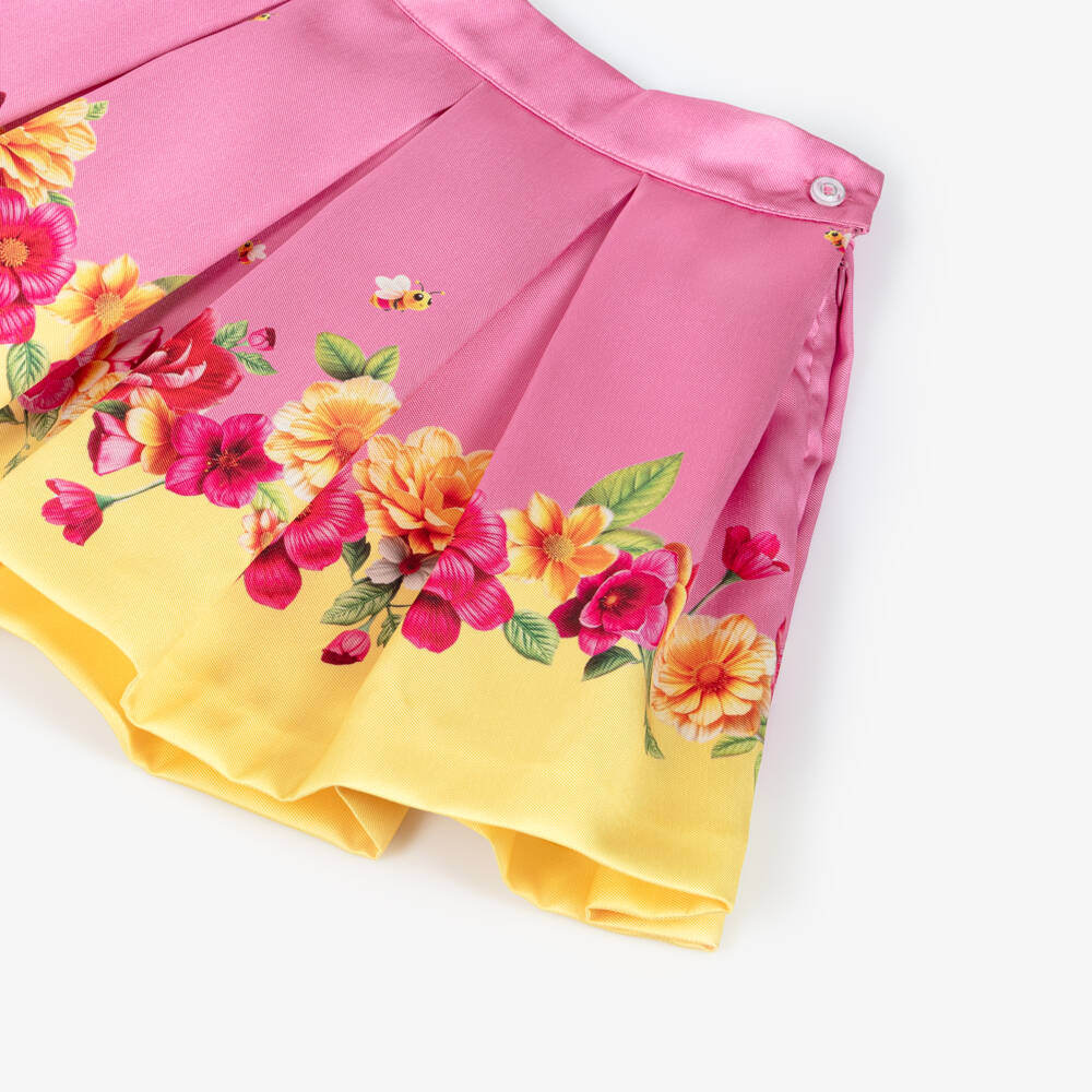 Piccola Speranza-Girls Pink & Yellow Floral Satin Twill Skirt | Childrensalon Outlet