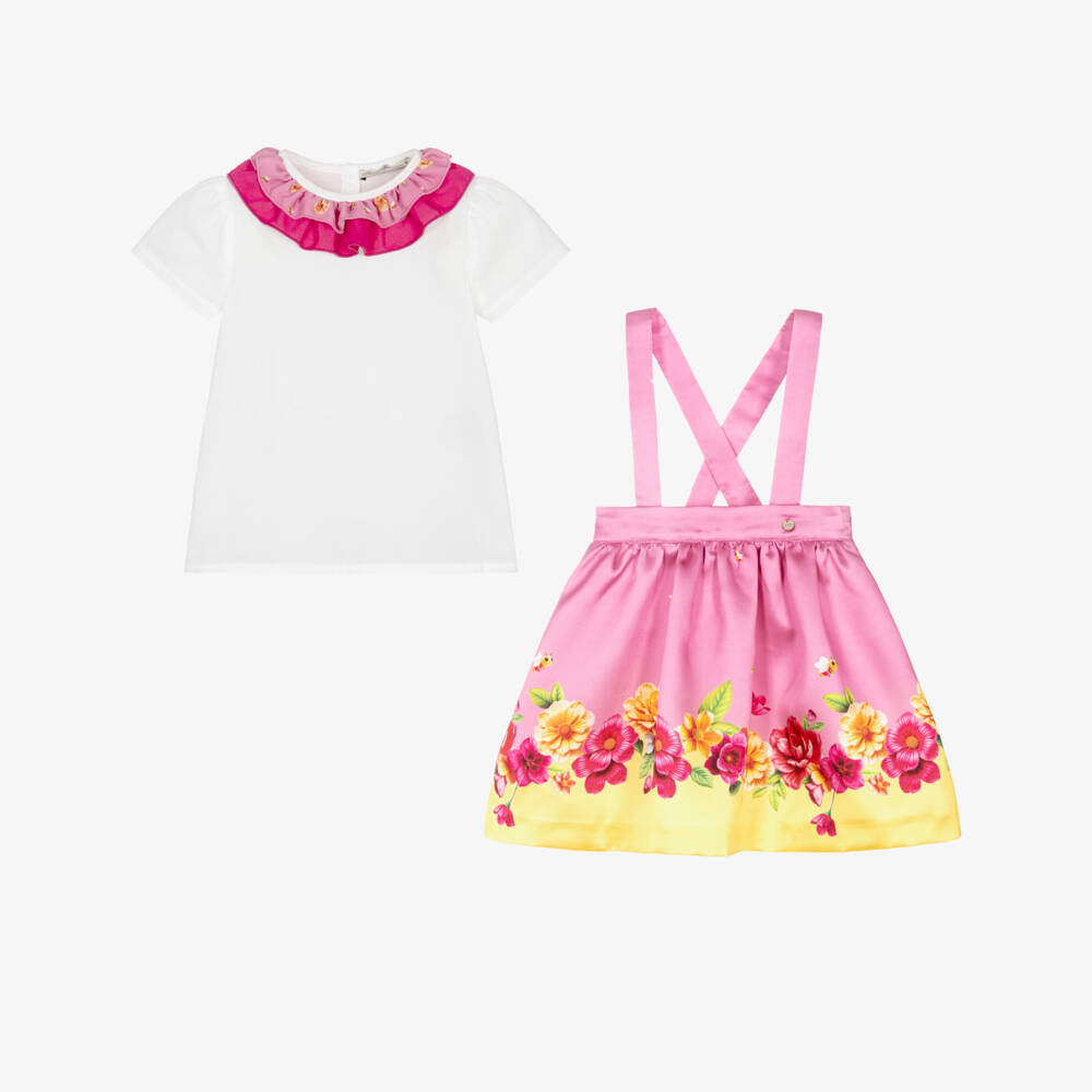 Piccola Speranza-Girls Pink & Yellow Floral Satin Twill Skirt Set | Childrensalon Outlet