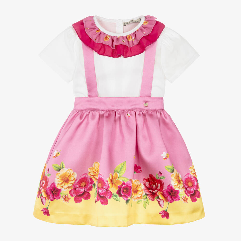 Piccola Speranza-Girls Pink & Yellow Floral Satin Twill Skirt Set | Childrensalon Outlet