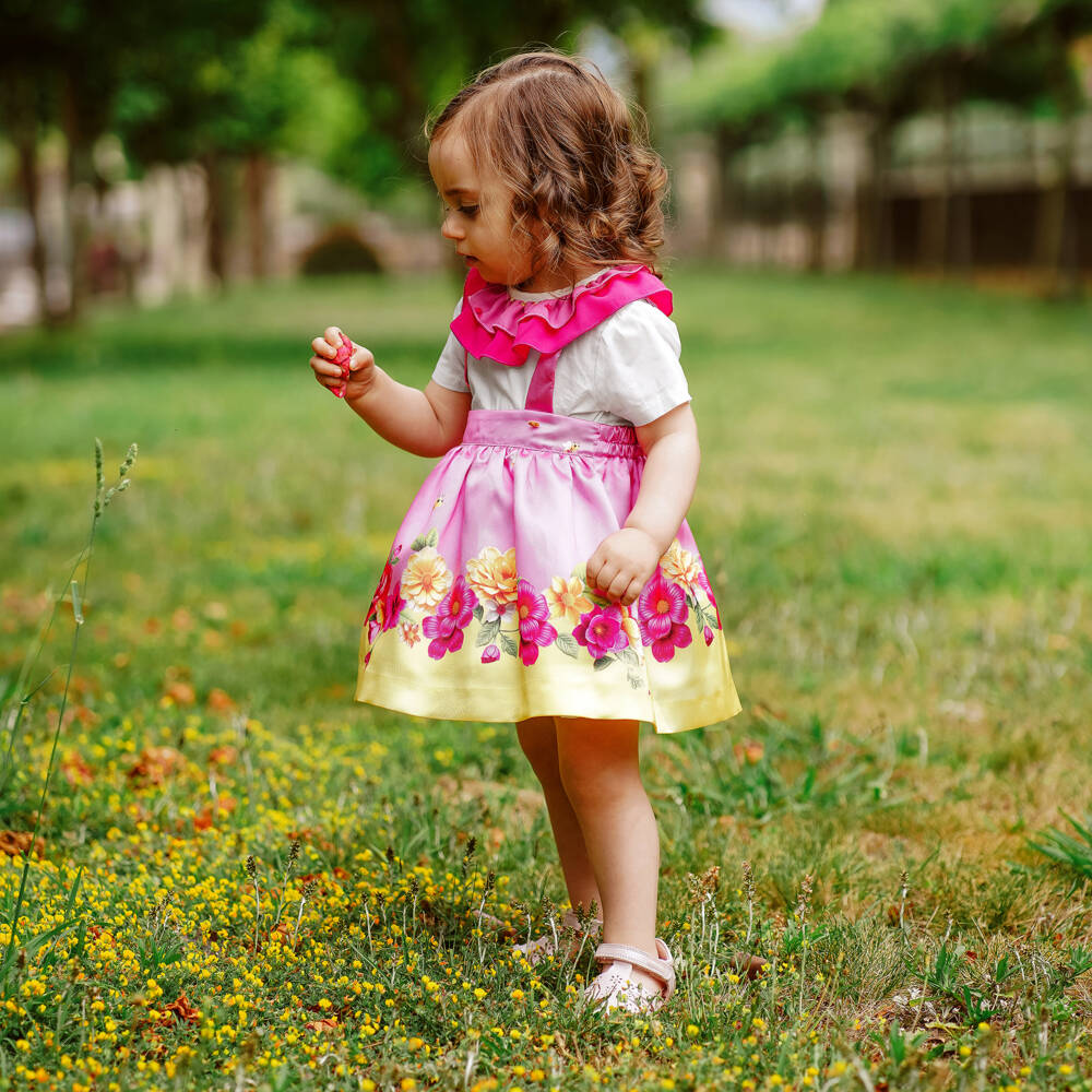 Piccola Speranza-Girls Pink & Yellow Floral Satin Twill Skirt Set | Childrensalon Outlet
