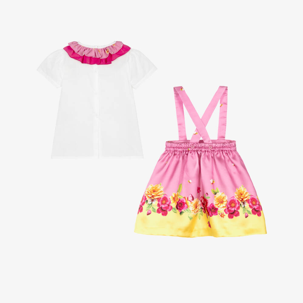 Piccola Speranza-Girls Pink & Yellow Floral Satin Twill Skirt Set | Childrensalon Outlet