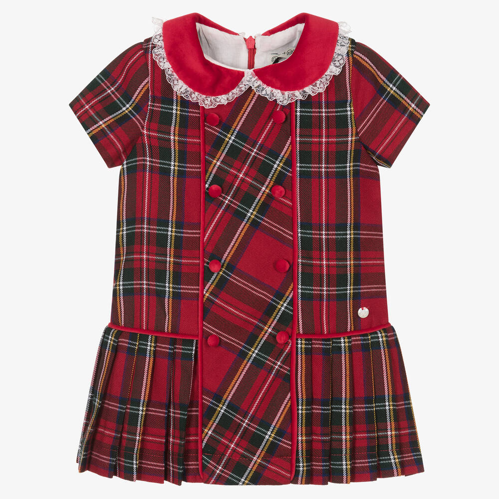Piccola Speranza-فستان بياقة مزيج فيسكوز تويل تارتان لون أحمر | Childrensalon Outlet