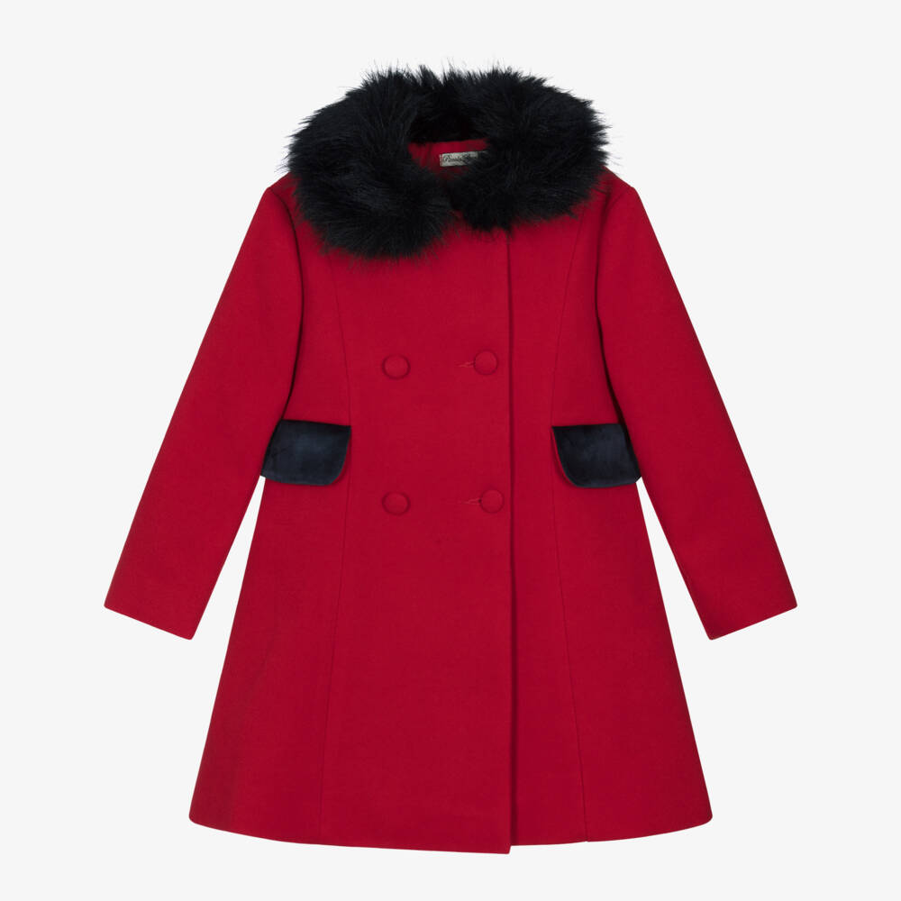Piccola Speranza-Girls Red Felted Coat with Faux Fur Collar | Childrensalon Outlet