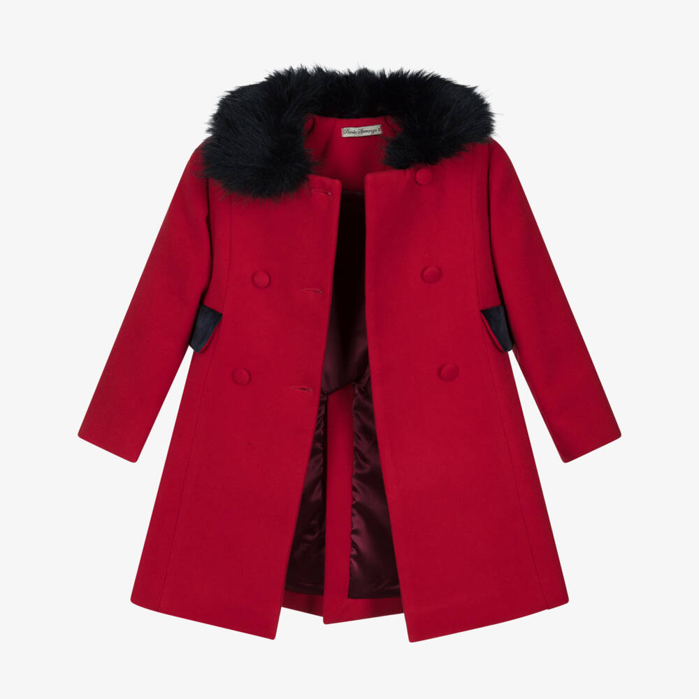 Piccola Speranza-Girls Red Felted Coat with Faux Fur Collar | Childrensalon Outlet