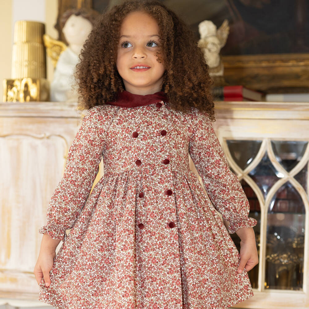 Piccola Speranza-فستان قطني بورجوندي مزين بالزهور للبنات | Childrensalon Outlet