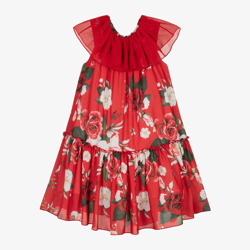 Piccola Speranza-Girls Red Floral Crêpe Dress | Childrensalon Outlet