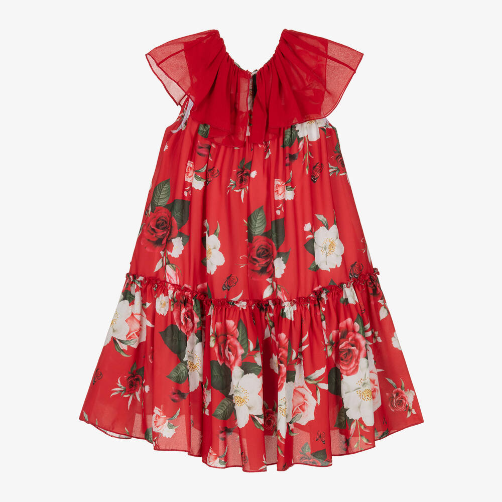 Piccola Speranza-Girls Red Floral Crêpe Dress | Childrensalon Outlet