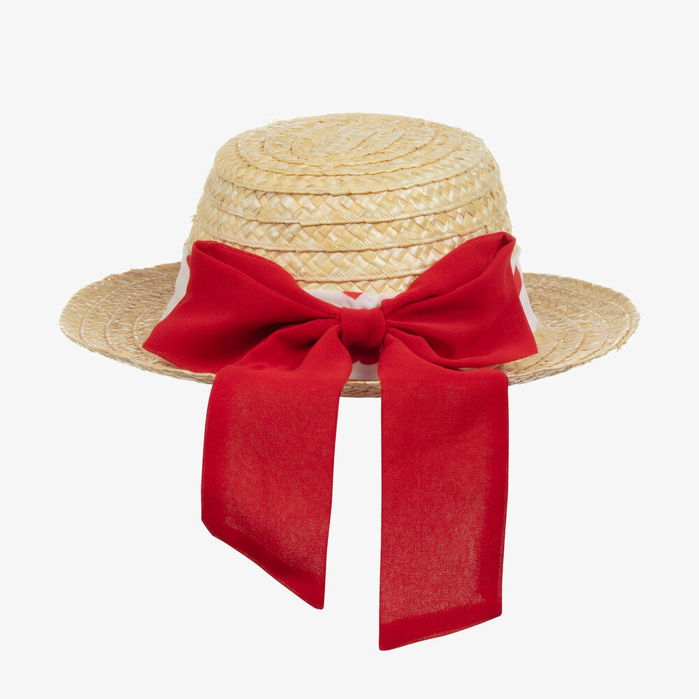 Piccola Speranza-Girls Red Ribbon Straw Hat | Childrensalon Outlet