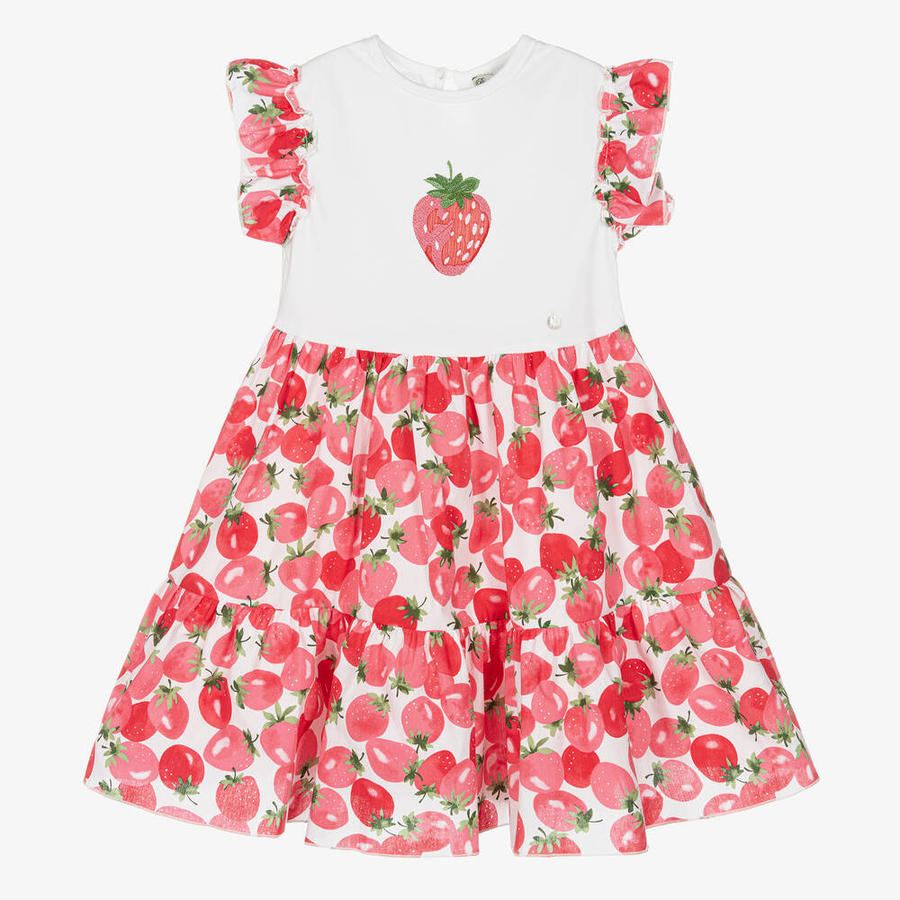 Piccola Speranza - Girls Red Strawberry Print Cotton Dress | Childrensalon