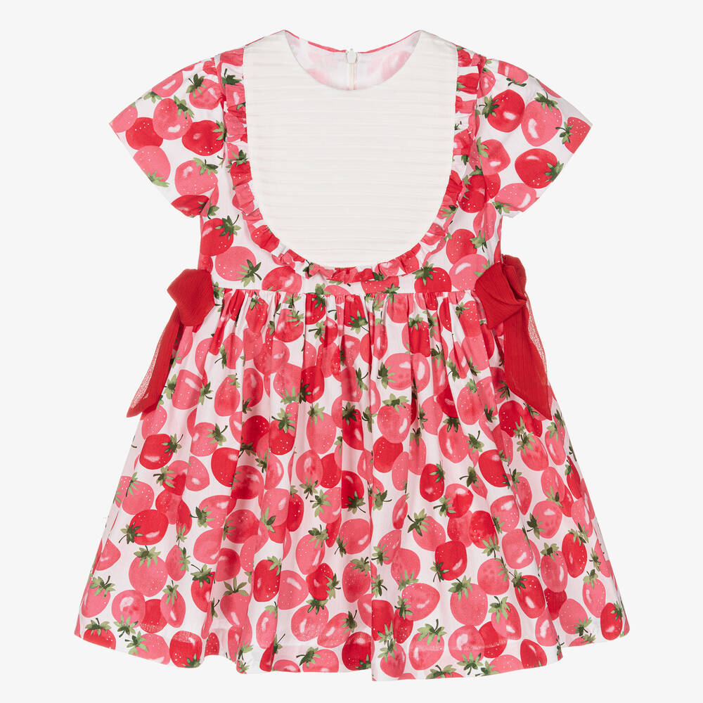 Piccola Speranza-Girls Red Strawberry Print Cotton Dress | Childrensalon Outlet