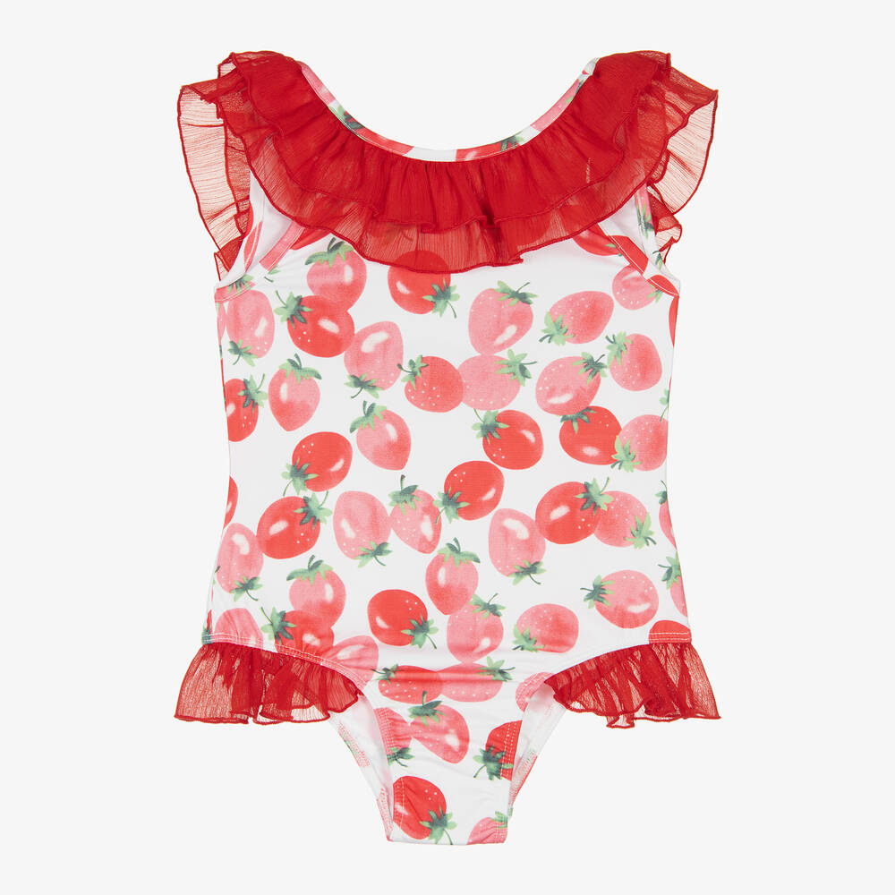 Piccola Speranza - Girls Red Strawberry Ruffle Swimsuit | Childrensalon