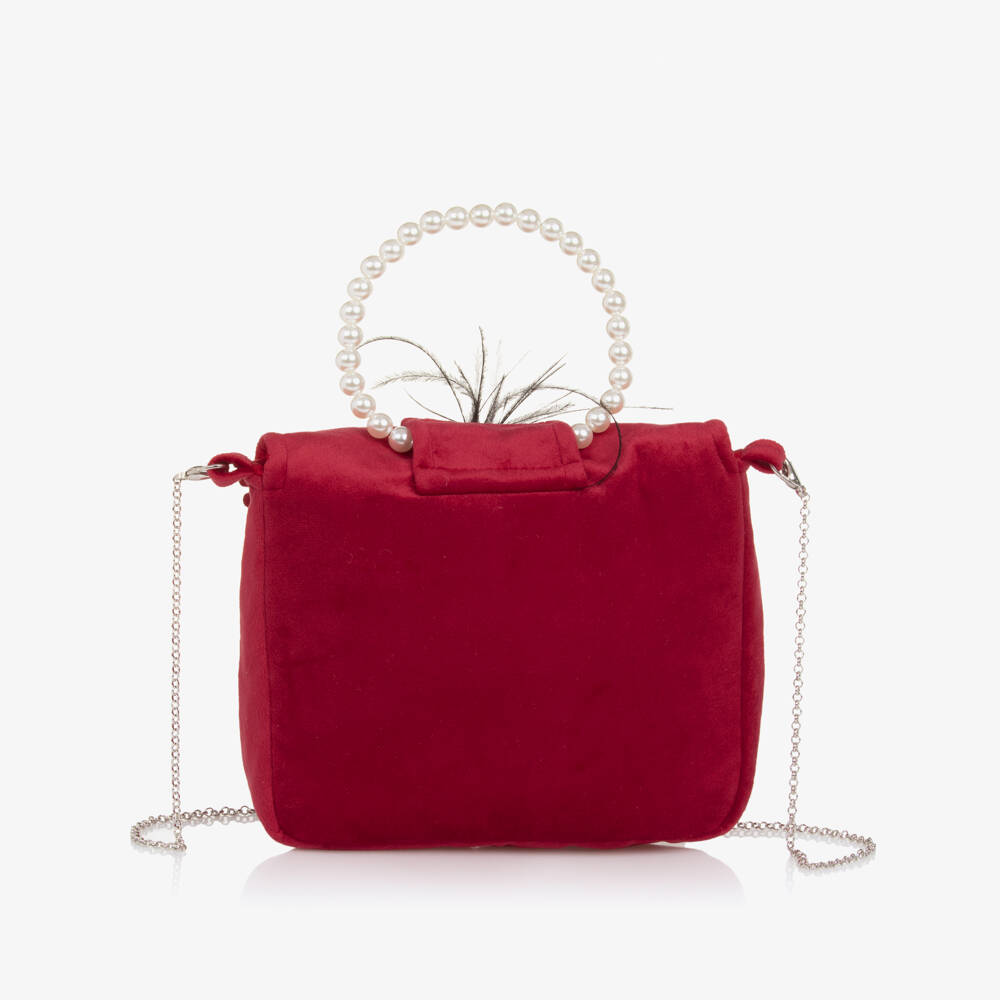 Piccola Speranza-Girls Red Velvet & Black Feathers Handbag (19cm) | Childrensalon Outlet