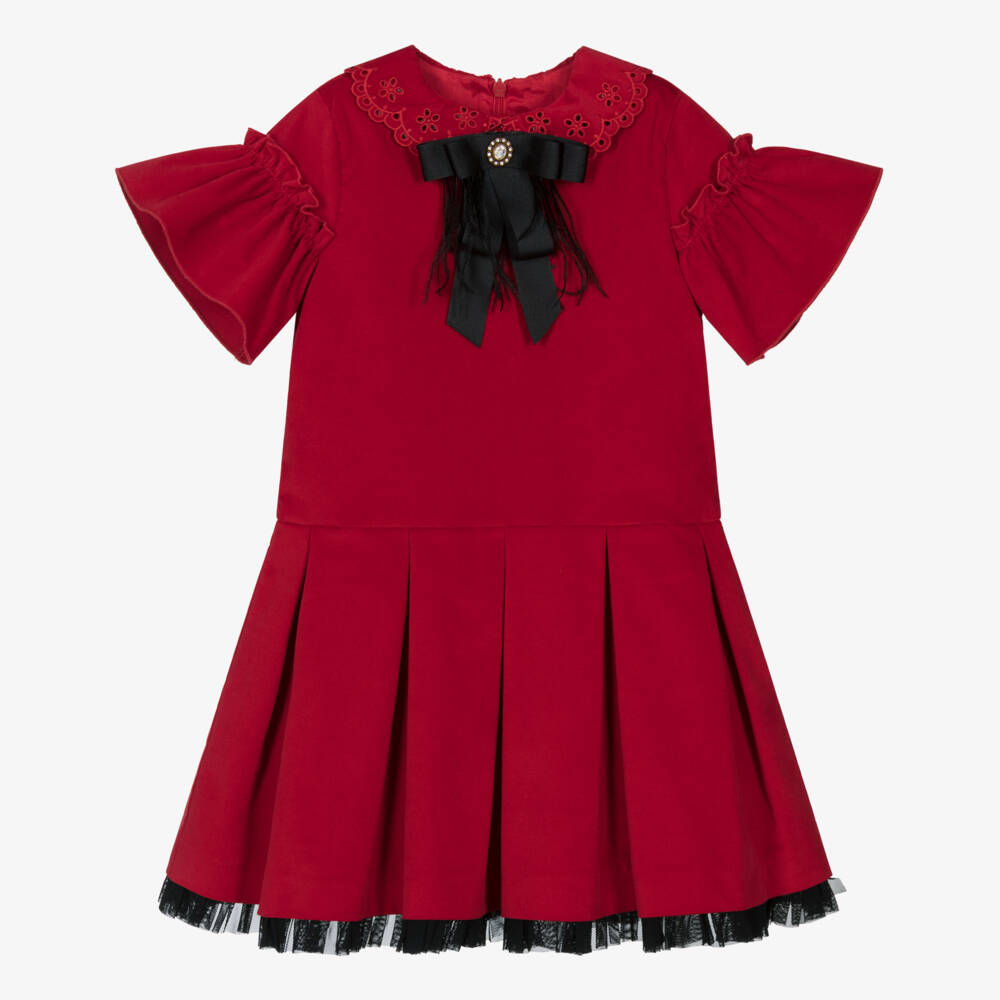Piccola Speranza-Girls Red Velvet Dress with Black Grosgrain Bow Brooch | Childrensalon Outlet