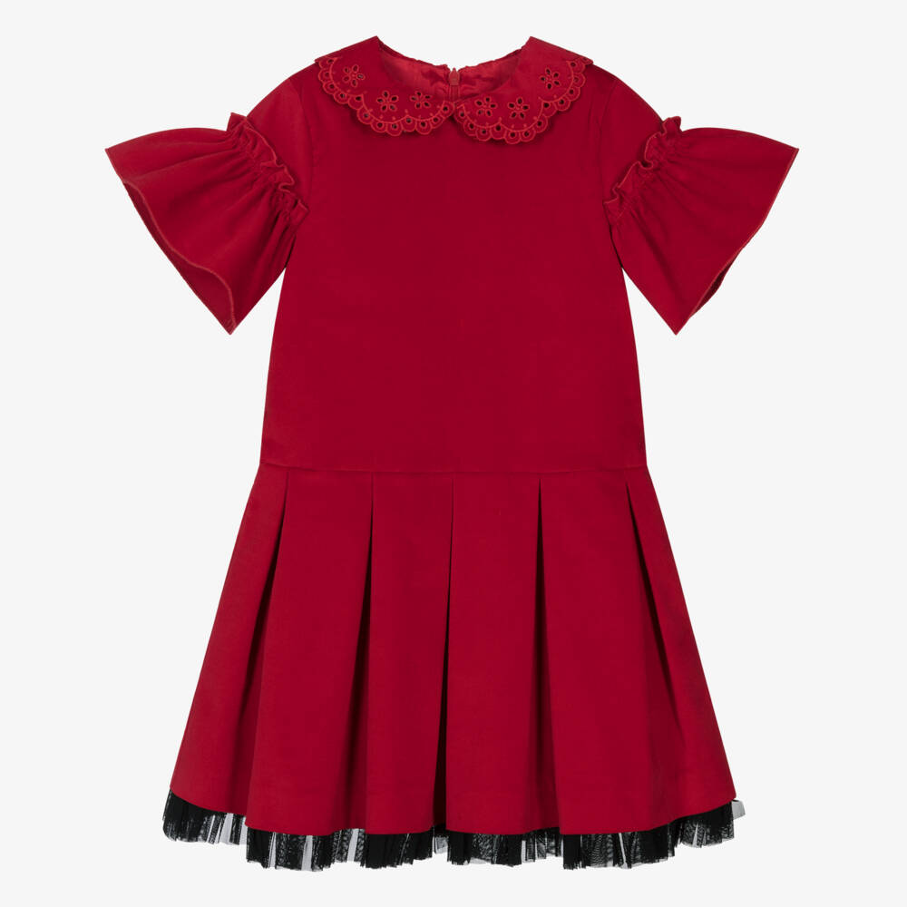 Piccola Speranza-Girls Red Velvet Dress with Black Grosgrain Bow Brooch | Childrensalon Outlet