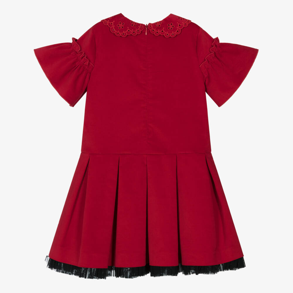 Piccola Speranza-Girls Red Velvet Dress with Black Grosgrain Bow Brooch | Childrensalon Outlet