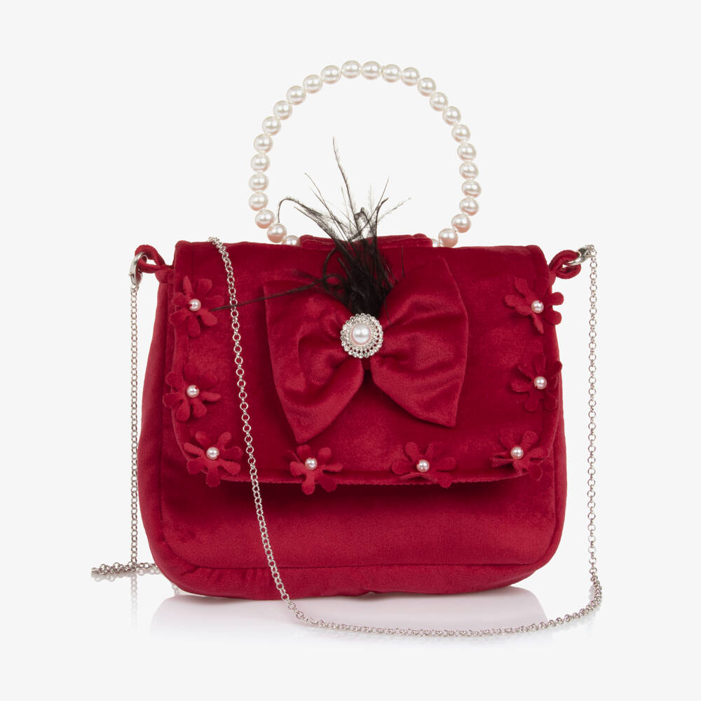 Piccola Speranza-Girls Red Velvet Feathered Handbag | Childrensalon Outlet
