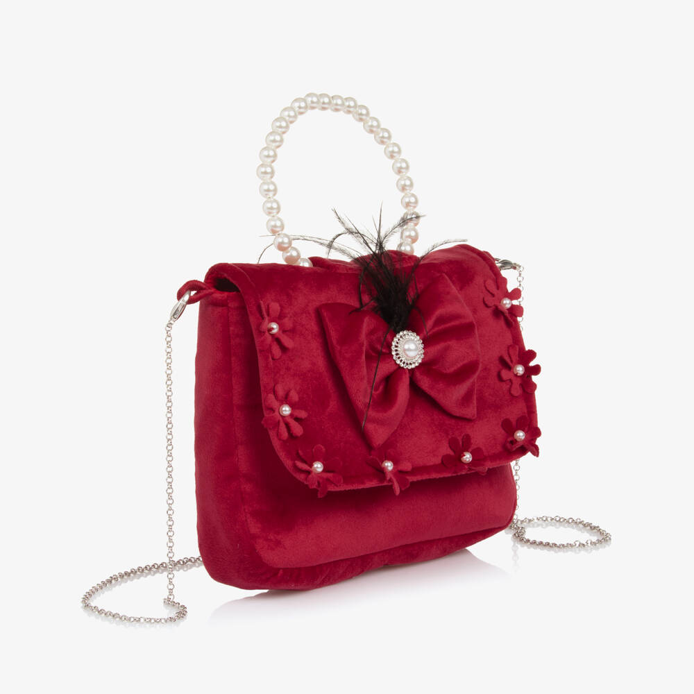 Piccola Speranza-Girls Red Velvet Feathered Handbag | Childrensalon Outlet