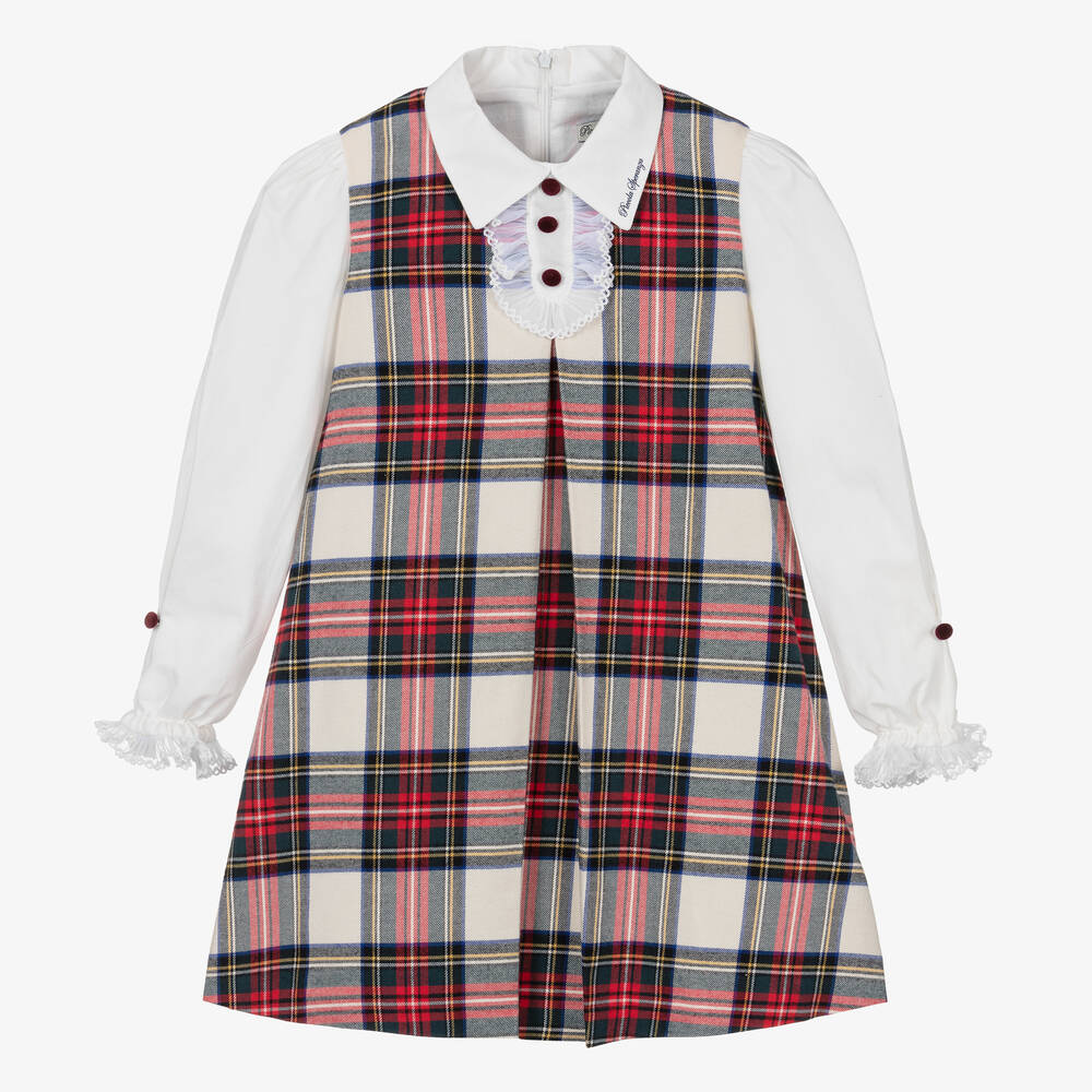 Piccola Speranza - Girls Red & White Cotton Tartan Dress | Childrensalon