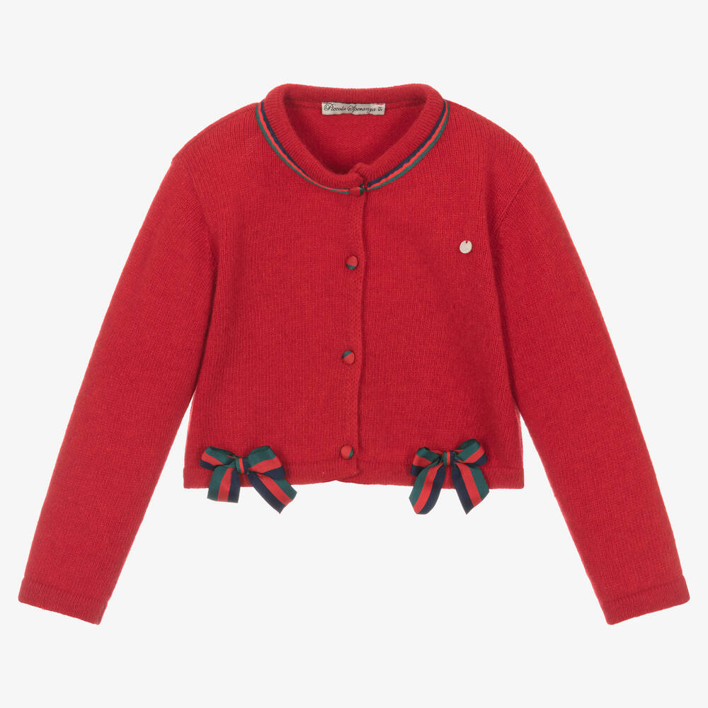 Piccola Speranza - Girls Red Wool Bow Cardigan | Childrensalon