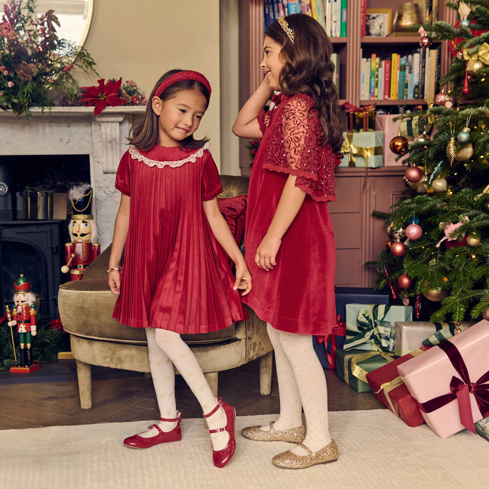 Piccola Speranza-Girls Scarlet Velvet Pleated Dress | Childrensalon Outlet