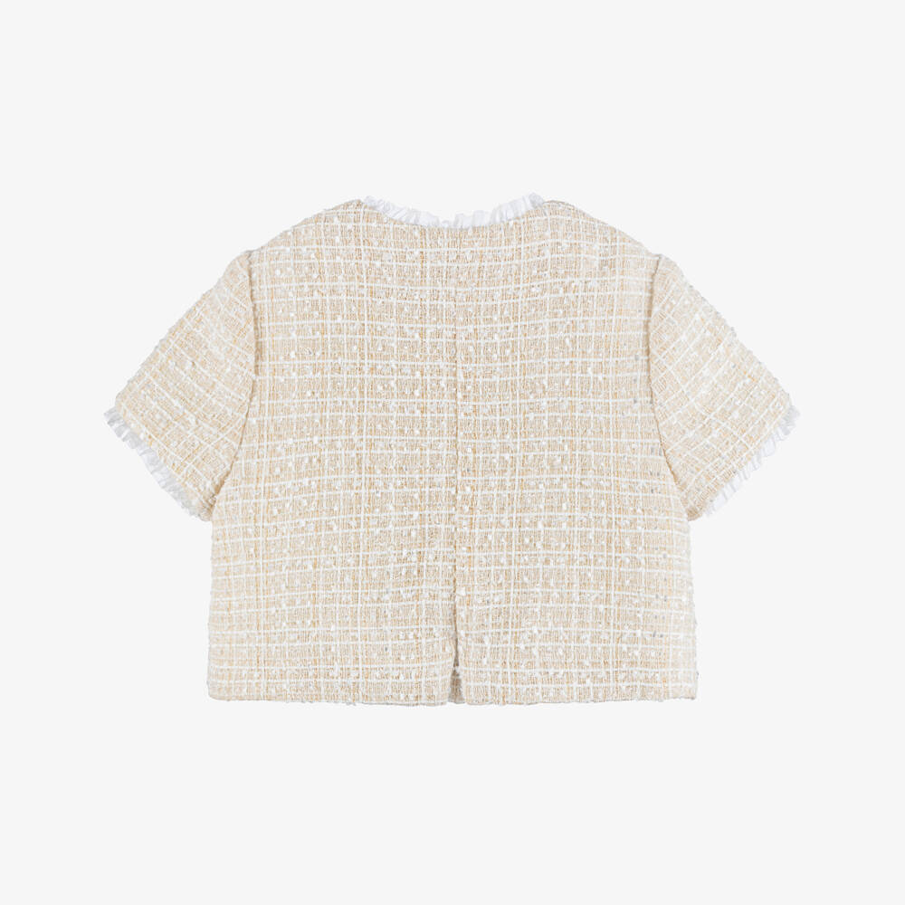 Piccola Speranza-Girls Shimmery Beige Tweed Jacket with Pearl Buttons | Childrensalon Outlet