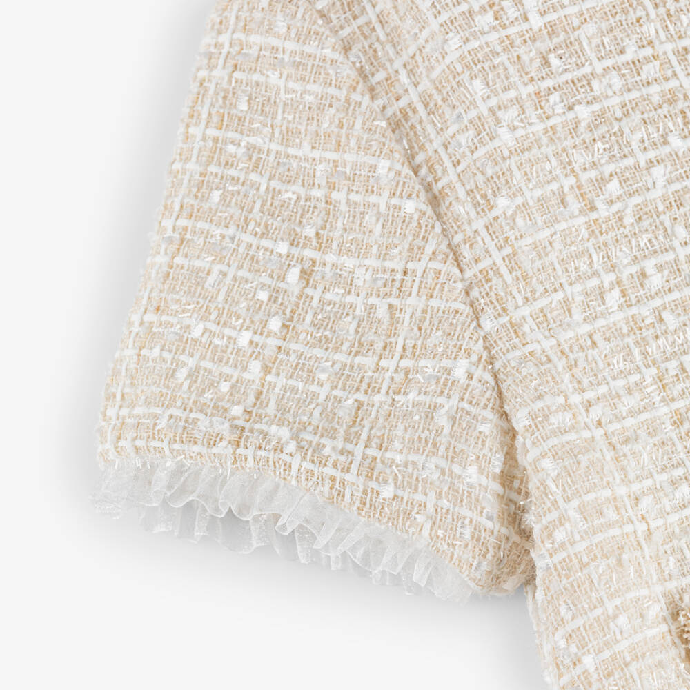 Piccola Speranza-Girls Shimmery Beige Tweed Jacket with Pearl Buttons | Childrensalon Outlet