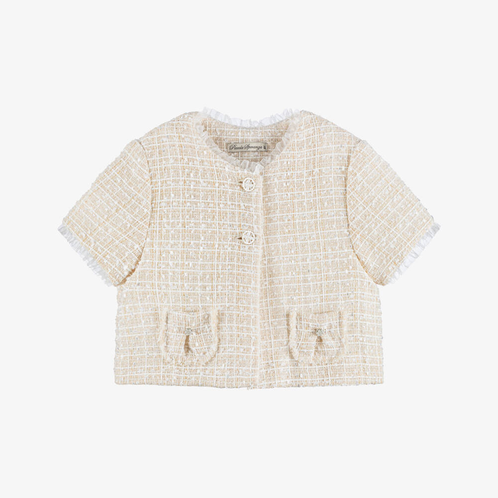 Piccola Speranza-Girls Shimmery Beige Tweed Jacket with Pearl Buttons | Childrensalon Outlet