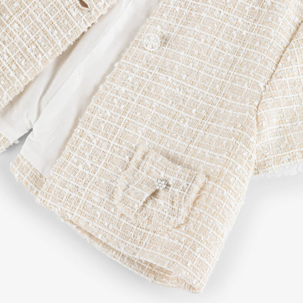 Piccola Speranza-Girls Shimmery Beige Tweed Jacket with Pearl Buttons | Childrensalon Outlet
