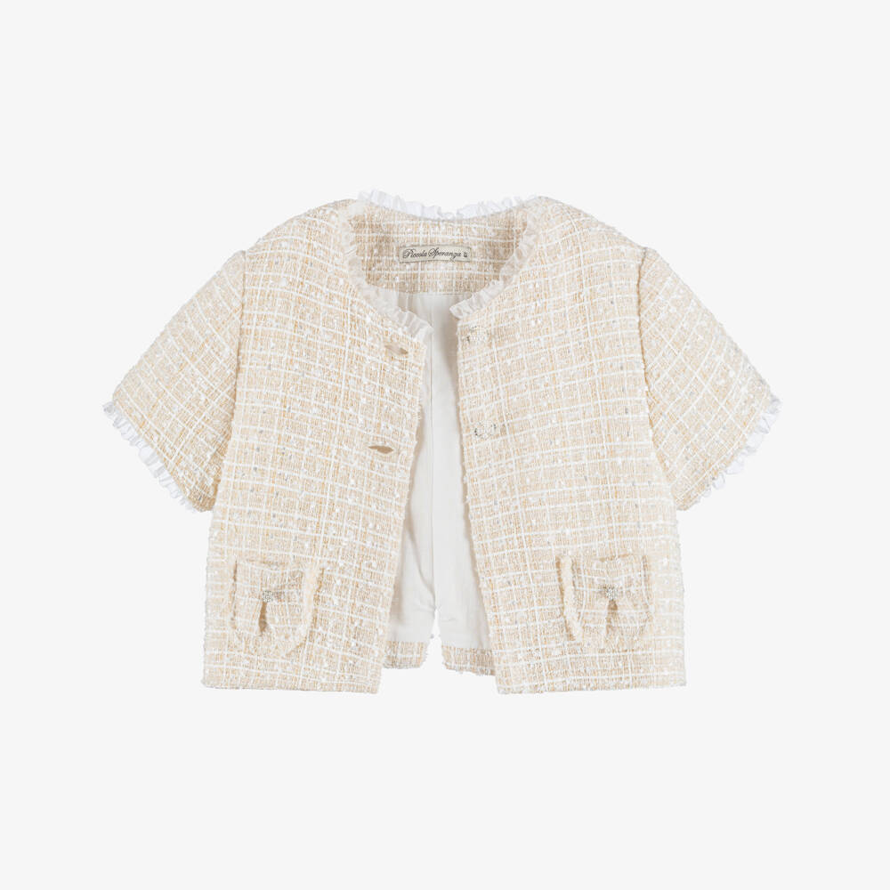 Piccola Speranza-Girls Shimmery Beige Tweed Jacket with Pearl Buttons | Childrensalon Outlet