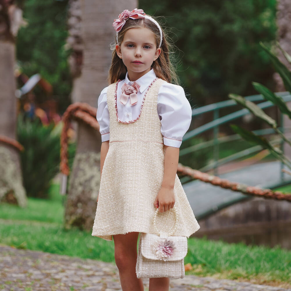 Piccola Speranza-Girls Shimmery Beige Tweed Pinafore Dress Set | Childrensalon Outlet