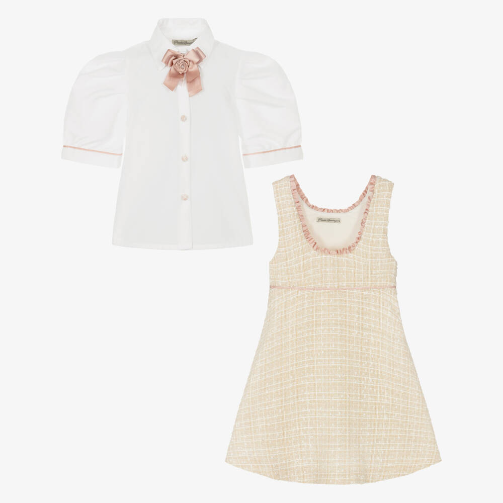Piccola Speranza-Girls Shimmery Beige Tweed Pinafore Dress Set | Childrensalon Outlet