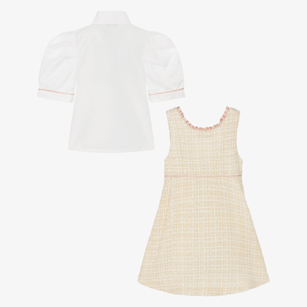 Piccola Speranza-Girls Shimmery Beige Tweed Pinafore Dress Set | Childrensalon Outlet