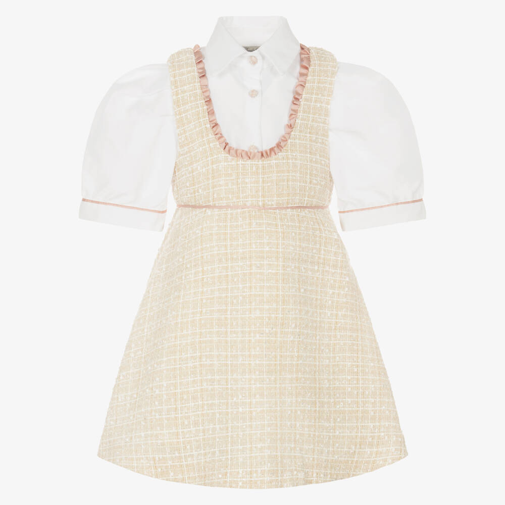 Piccola Speranza-Girls Shimmery Beige Tweed Pinafore Dress Set | Childrensalon Outlet