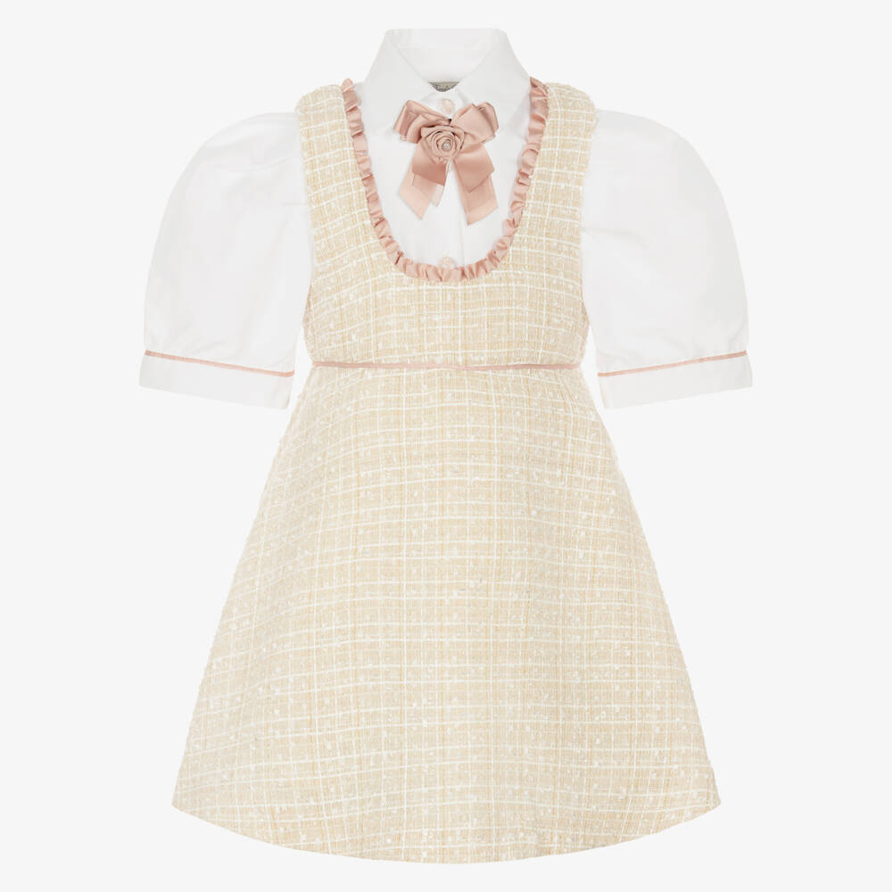 Piccola Speranza-Girls Shimmery Beige Tweed Pinafore Dress Set | Childrensalon Outlet