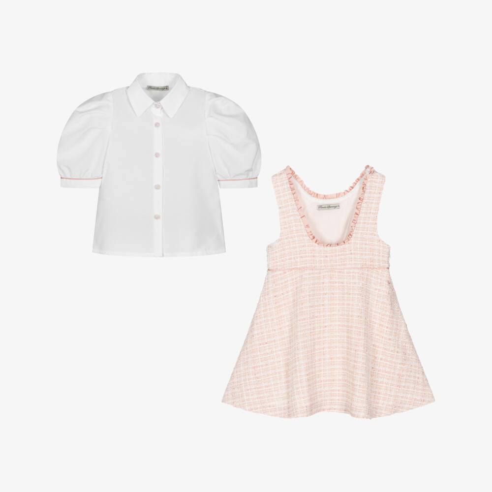 Piccola Speranza-Girls Shimmery Pink Tweed Pinafore Dress Set | Childrensalon Outlet