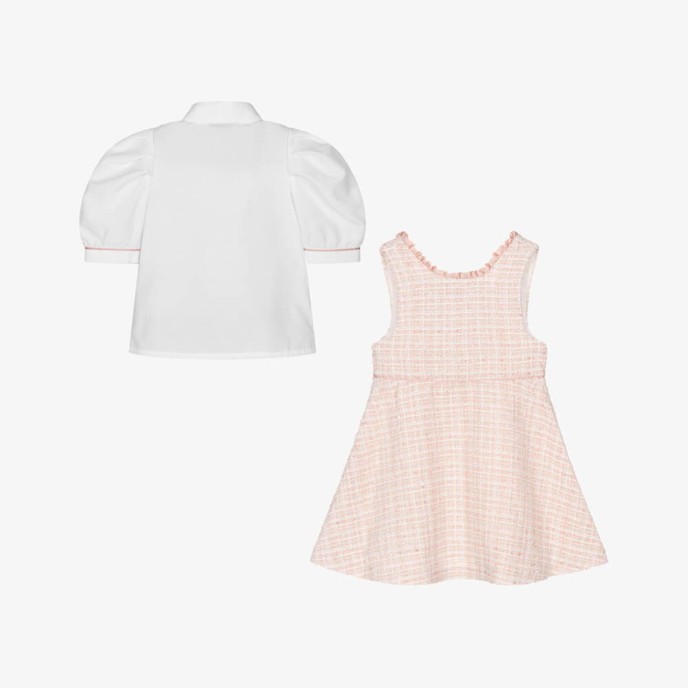 Piccola Speranza-Girls Shimmery Pink Tweed Pinafore Dress Set | Childrensalon Outlet