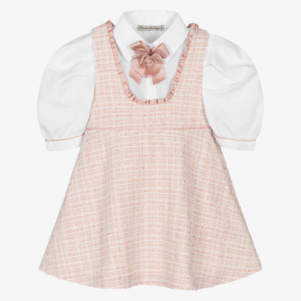 Piccola Speranza-Girls Shimmery Pink Tweed Pinafore Dress Set | Childrensalon Outlet