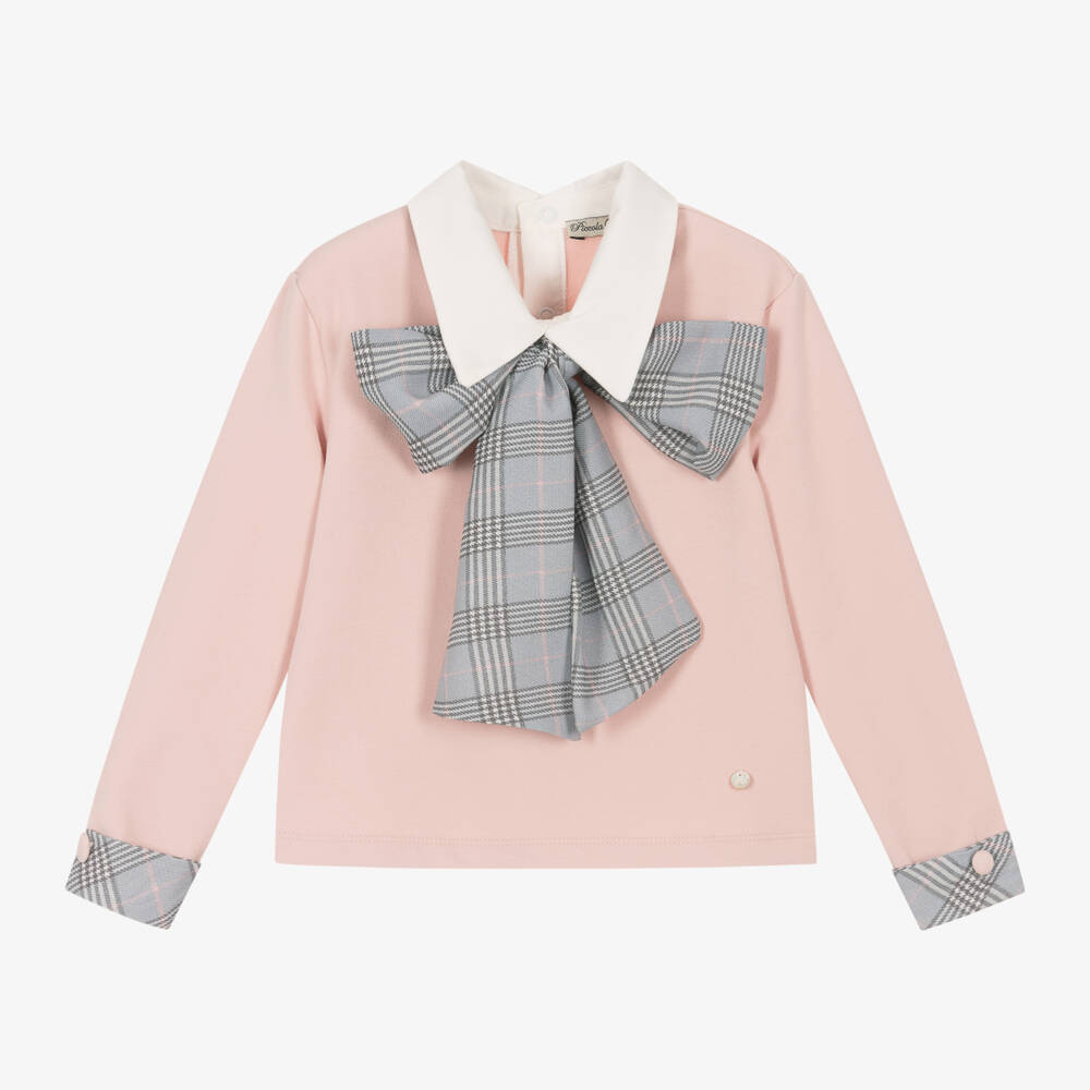 Piccola Speranza-Girls Tartan Bow Pink Sweatshirt | Childrensalon Outlet